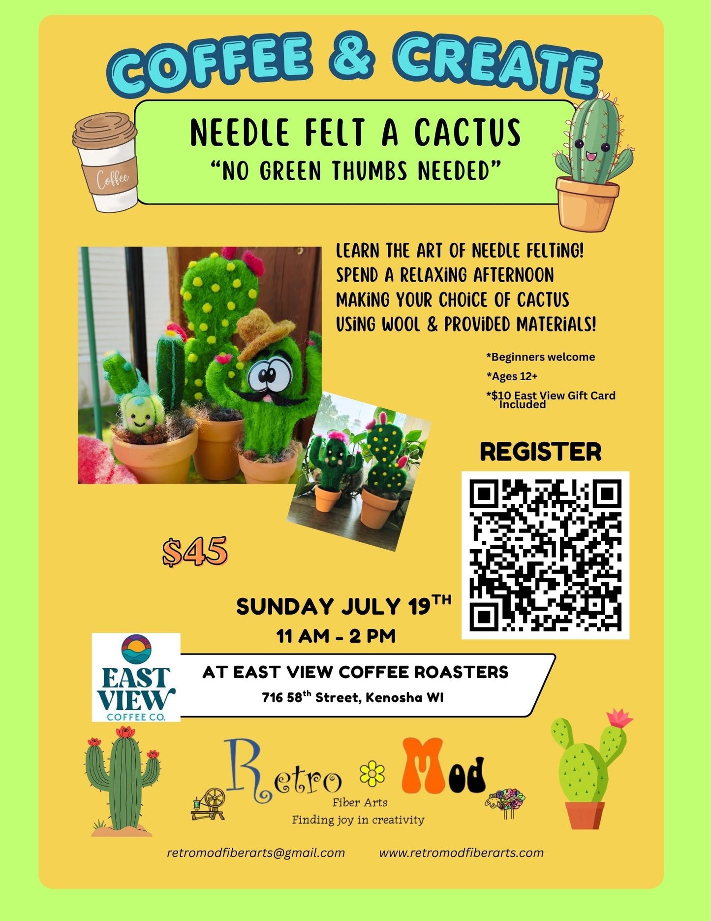 Needle Felt a Cactus - Coffee & Create -- At East View Coffee Roasters - July 19th